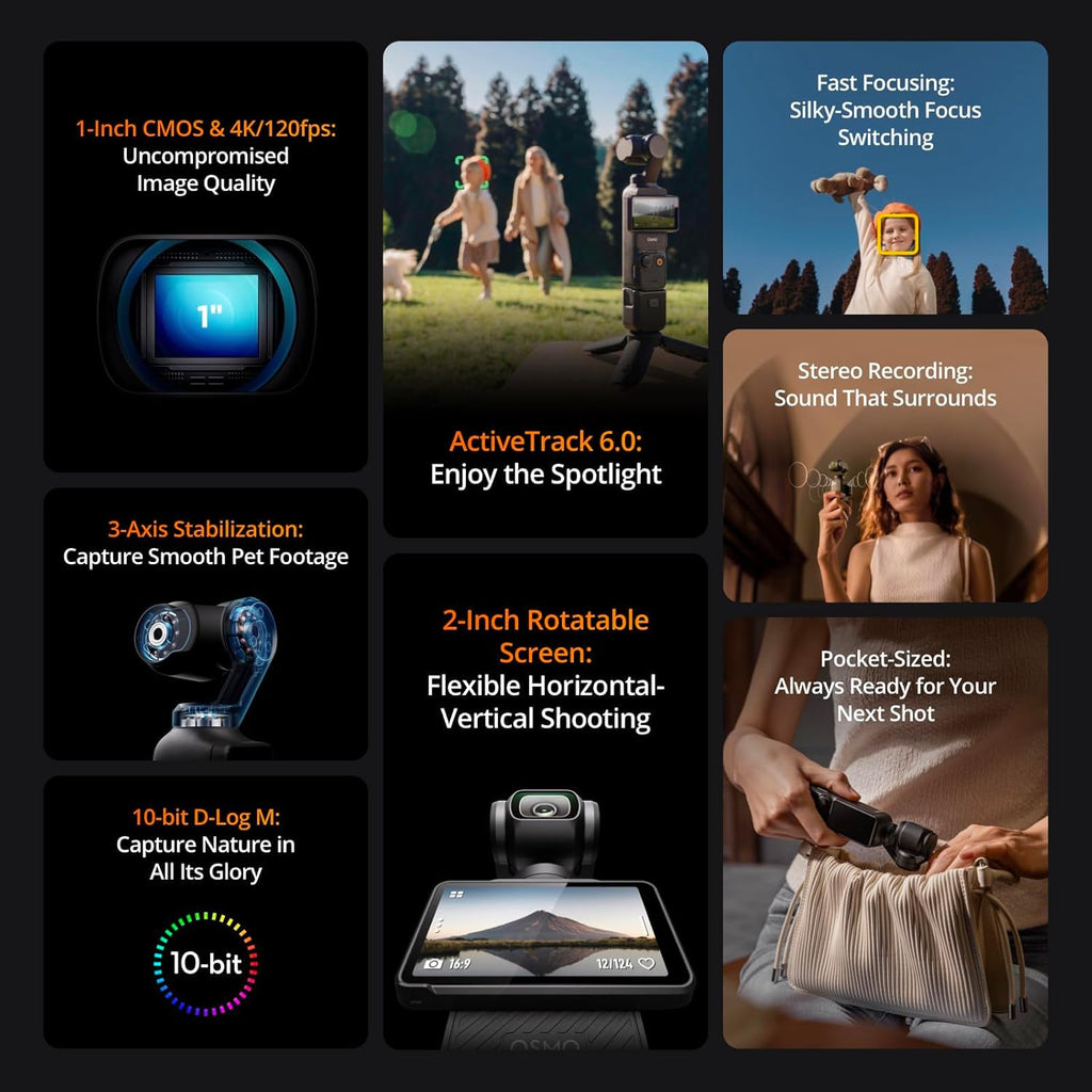 DJI Osmo Pocket 3 Creator Combo, Vlogging Cameras with 1'' CMOS, 4K/120fps Vlog Camera, 3-Axis Stabilization, Face/Object Tracking, Mic Included for Clear Sound